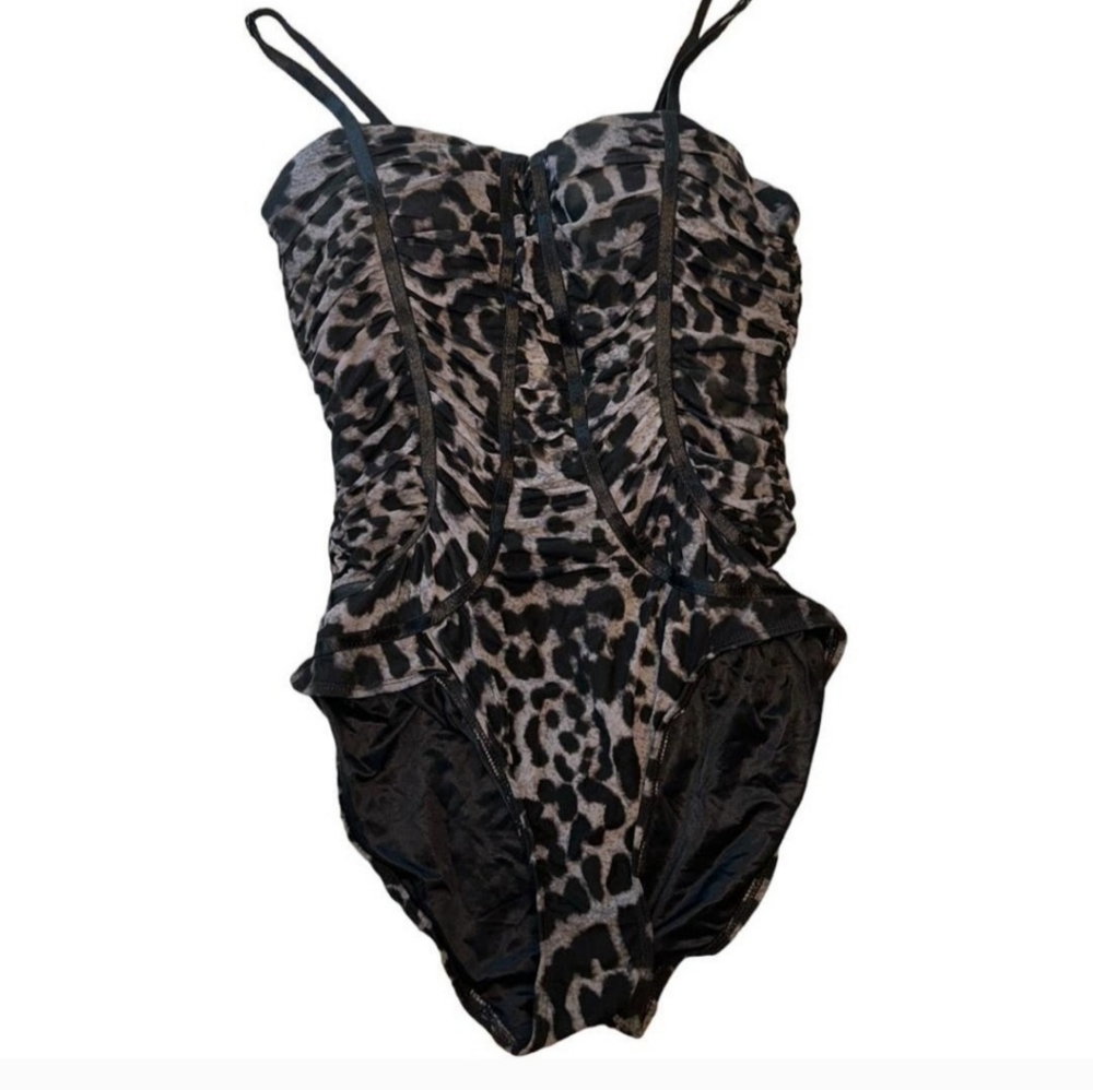 Spanx Black, Gray Leopard Rouched One Piece Swimsuit Size 14